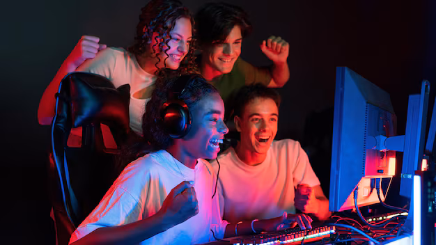 Grupo de adolecentes juando videojuego